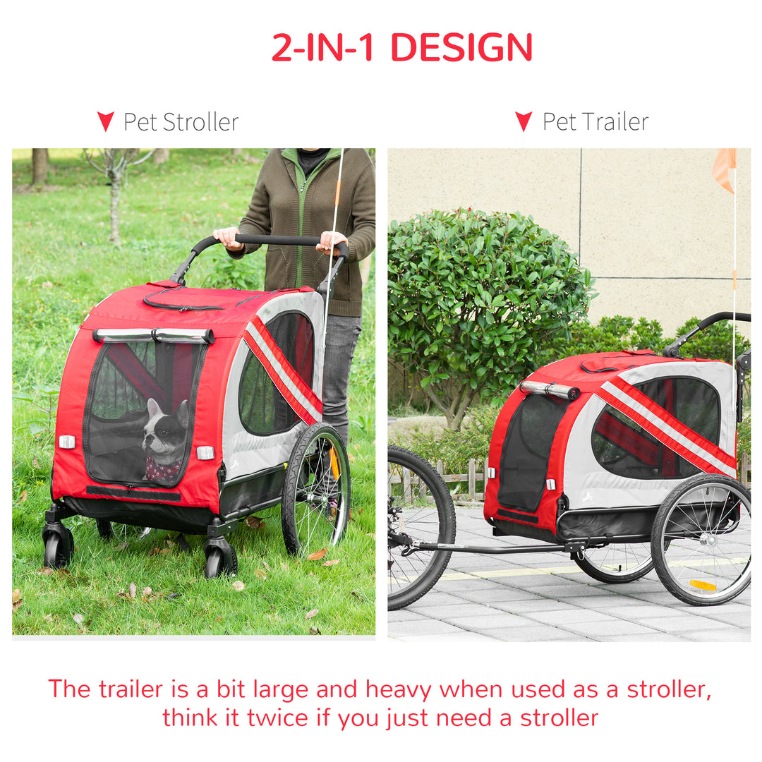 PawHut Dog Bike Trailer 2-in-1 Pet Stroller Cart Bicycle Carrier Attachment for Travel in steel frame with Universal Wheel Reflectors Flag Red