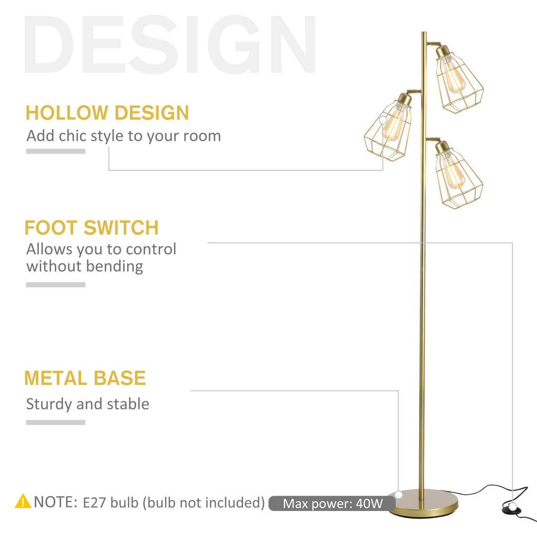 Retro Practical Tree Floor Lamp 3 Angle Adjustable Lampshade Steel Base for Living Room Bedroom Office Gold 165cm