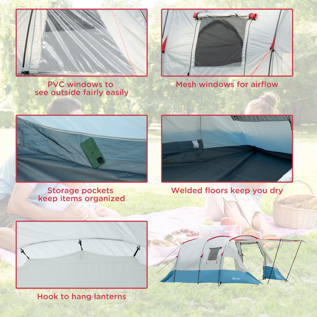 6-8 Person Tunnel Tent, Camping Tent with Bedroom, Living Room, Sewn-in Floor, 3 Doors and Carry Bag, 2000mm Water Column for Fishing, Blue