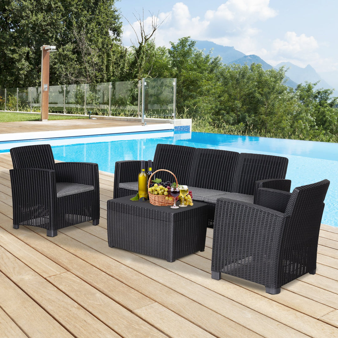 5-Seater Outdoor Garden PP Rattan Effect Furniture Set w/ Cushion Black