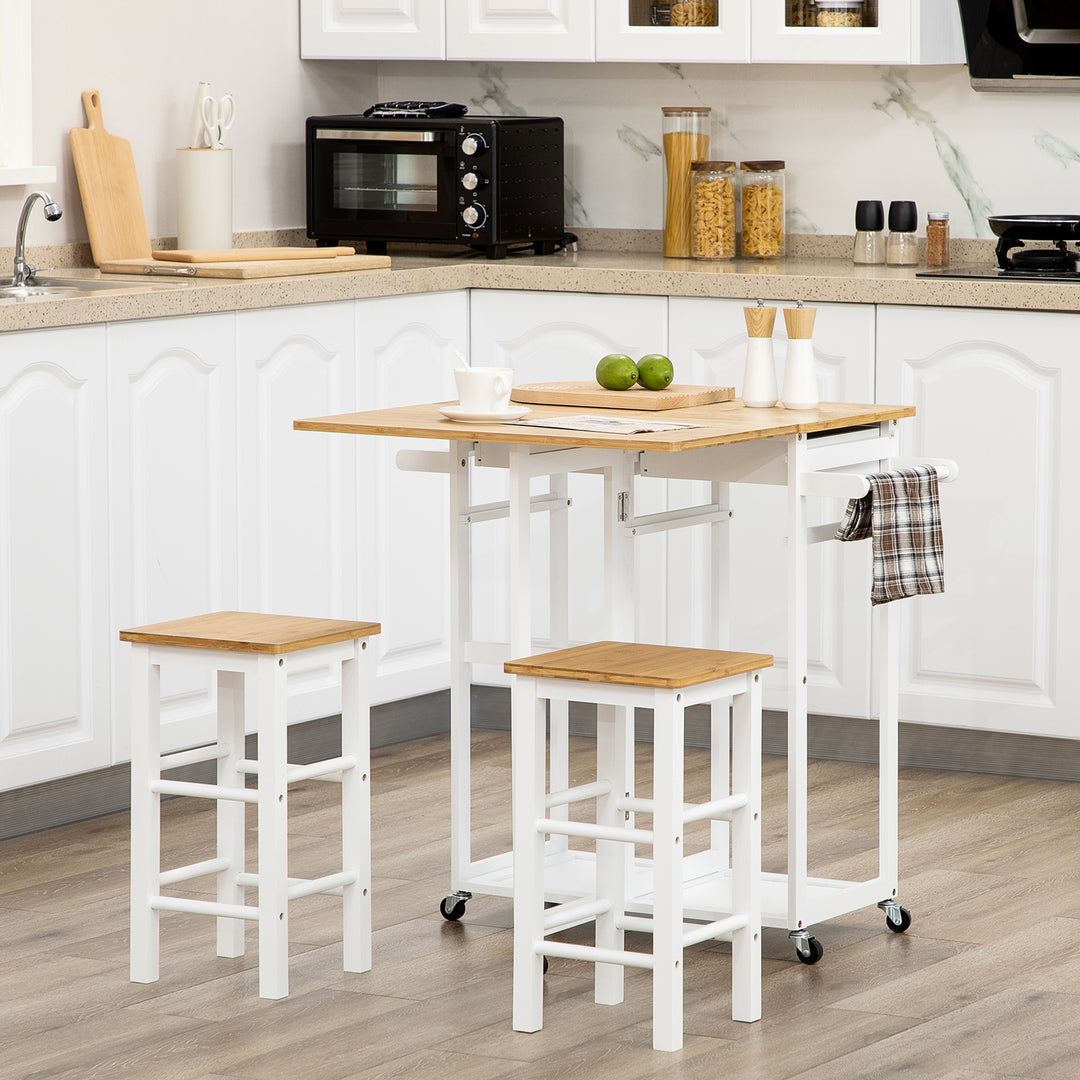 Kitchen Island Set with 2 Stools, Bamboo Breakfast Cart with Drop Leaf Top, Drawers and Towel Rack, Rolling Kitchen Cart and Chairs Set, White