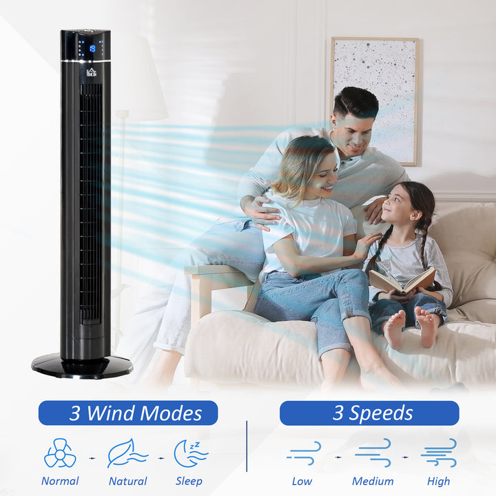 HOMCOM 42" Anion Tower Fan Cooling for Bedroom with 3 Speed, 8h Timer, Oscillating, LED Panel, Remote Controller, Black