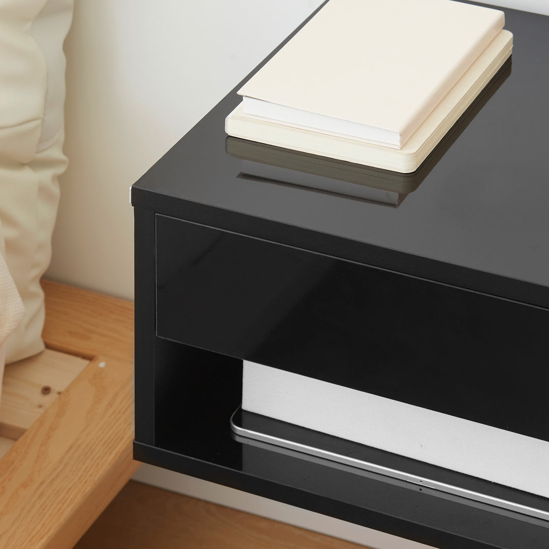 2 Pieces Bedside Table Wall Mounted Nightstand with Drawer and Shelf for Bedroom, 37 x 32 x 21cm, High Gloss Black