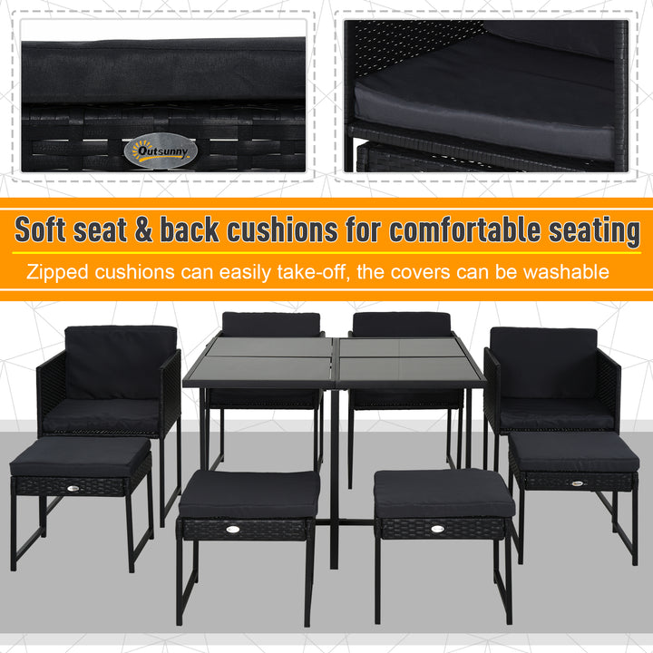 8-Seater Rattan Dining Cube Set Outdoor Patio Furniture PE Rattan Wicker Dining Set w/ 4 Armchair,4 Foot Stool,Grey Cushion