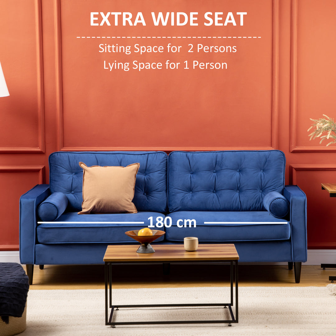 Mid-Century 3-Seater Sofa, 204 cm Sofa Couch with Button-Tufted Back Cushion, Velvet Feel Fabric Upholstery for Living Room, Bedroom Blue