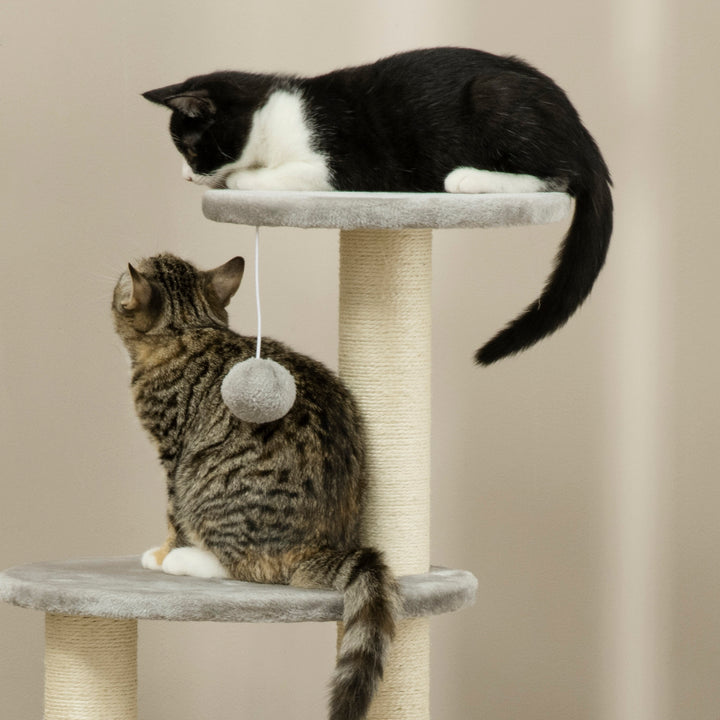Cat Tree, 115cm Cat Climbing Tower, kitten Activity Centre with Fluffy House and Hammock, Jute Scratching Post and Hanging Ball, Light Grey