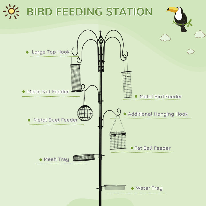 Pawhut Bird Feeding Station Kit, Wild Bird Feeder Pole with 6 Hooks, 4 Hanging Feeders for Peanuts, Seed, Fat Balls, for Garden, Outdoor, Black