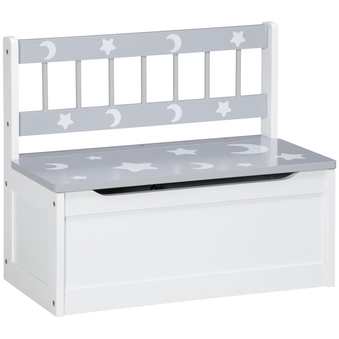 2-IN-1 Wooden Toy Box, Kids Storage Bench Toy Chest with Safety Pneumatic Rod, Star & Moon Pattern, Grey