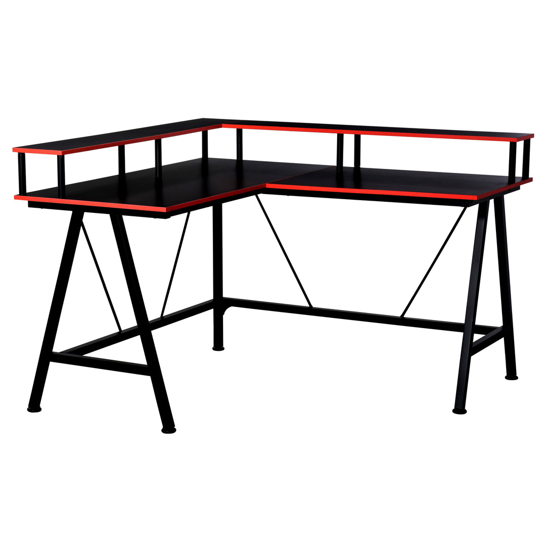 HOMCOM L-Shape Corner Gaming Desk Computer Table with Elevated Monitor Shelf Workstation, Black Red