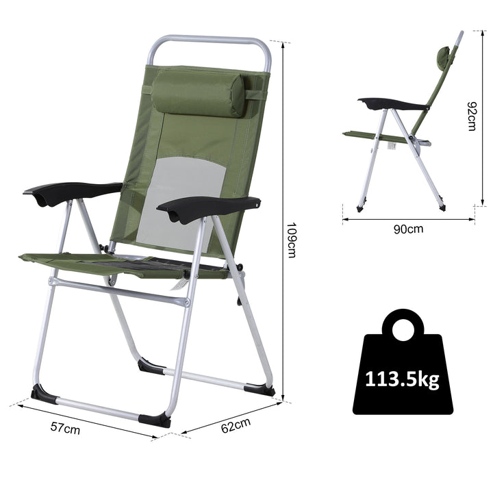 Outdoor Garden Folding Chair Patio Armchair 3-Position Adjustable Recliner Reclining Seat with Pillow - Green