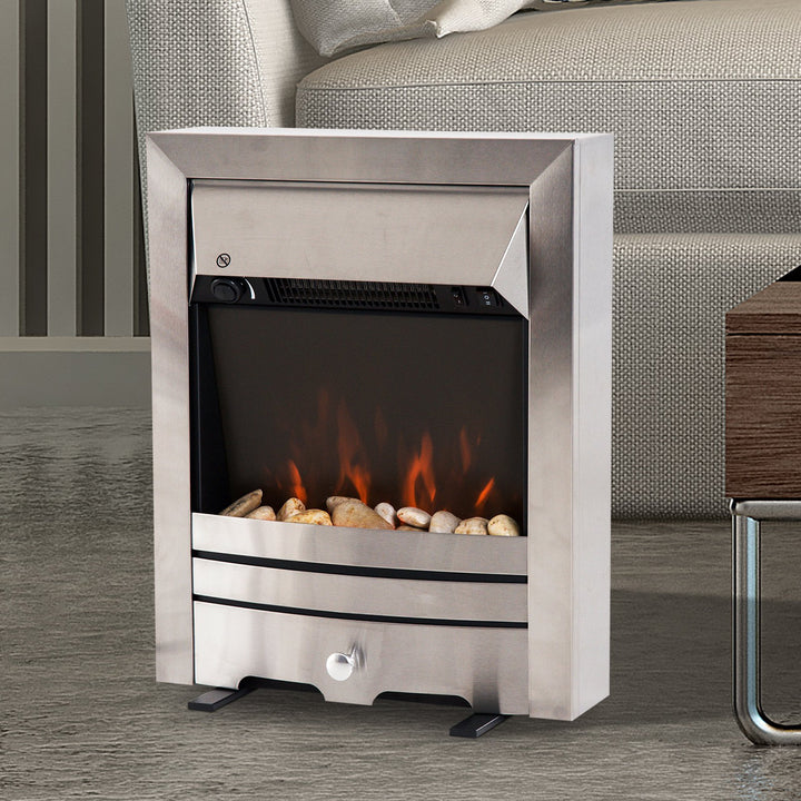 HOMCOM 2KW Electric Fireplace Pebble Burning Effect Heater Fire Flame Indoor Stove LED Lighting - Stainless Steel