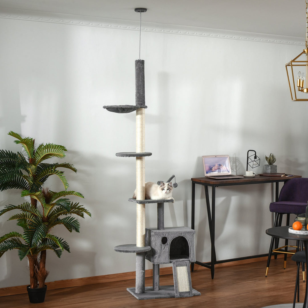 PawHut 280cm Huge Cat Tower Activity Center Floor-to-Ceiling Cat Climbing Toy with Scratching Post Board Hammock Hanging Ball Rest Light Grey