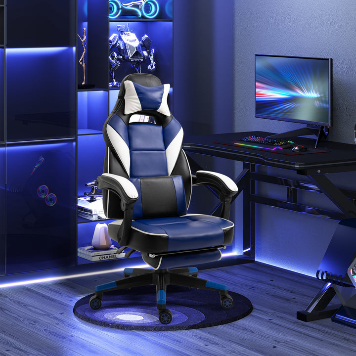 Vinsetto Cool &amp; Stylish Gaming Chair Ergonomic Recliner w/ Thick Padding Footrest Neck &amp; Back Pillow 5 Wheels Racing Swivel Height Adjustable Blue