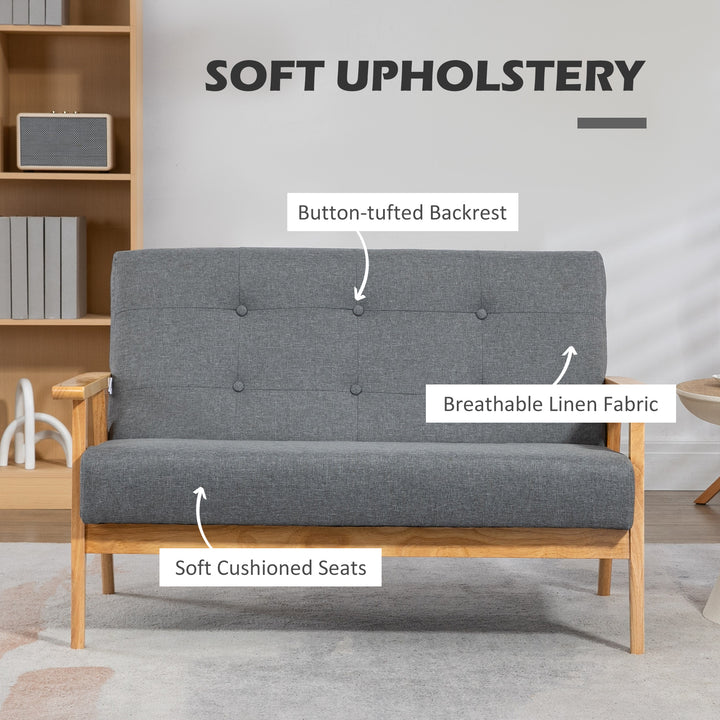 Modern 2-Seat Sofa Linen Fabric Upholstery Tufted Couch with Rubberwood Legs Dark Grey