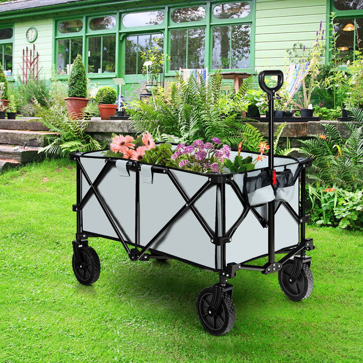 Folding Camping Wagon with Cup Holders and Adjustable Handle-Grey