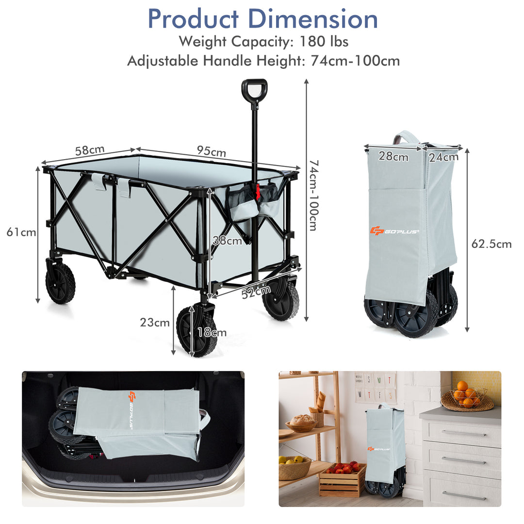 Folding Camping Wagon with Cup Holders and Adjustable Handle-Grey