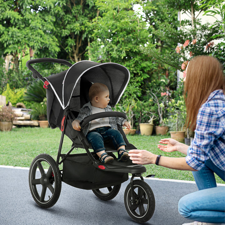 HOMCOM Three Wheeler Pushchair, Lightweight Foldable Running Baby Stroller with Fully Reclining, Adjustable Handlebar Backrest, Sun Canopy Black