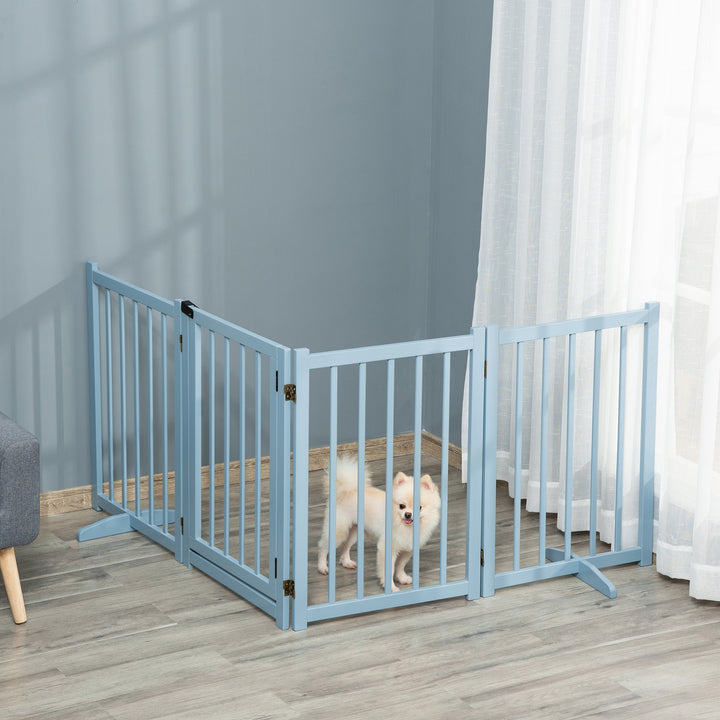 Pet Gate for Small and Medium Dogs, Freestanding Wooden Foldable Dog Safety Barrier with 4 Panels, 2 Support Feet for Doorways, Stairs, Blue
