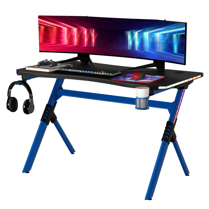 Gaming Desk with RGB LED Lights Racing Style Gaming Table with Cup Holder, Cable Management, Blue