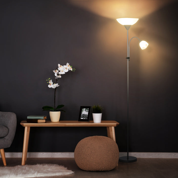 Modern Floor Reading Lamp 2 Adjustable Heads Light Steel Base Living Room Bedroom Office, 179.5cm