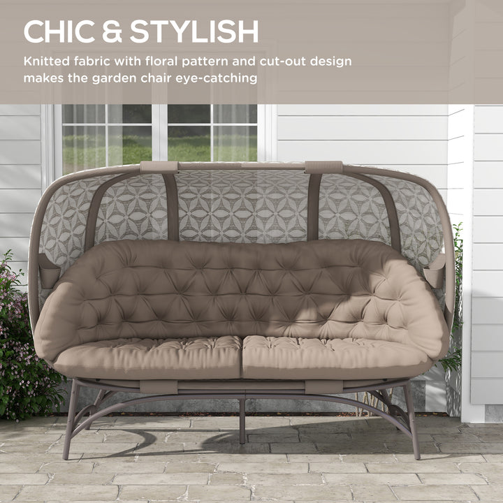 Folding Outdoor Egg Chair, Hollow Design 3 Seater Garden Furniture Chair w/ Flower Pattern Bottle Holder Bags for Indoor Outdoor, Sand Brown