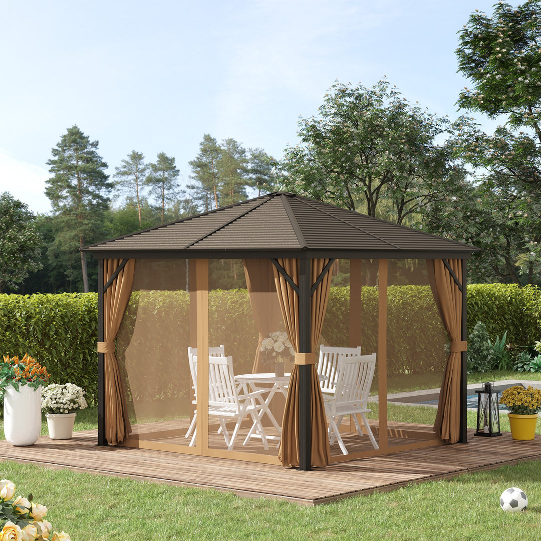 3 x 3 Meters Patio Aluminium Gazebo Hardtop Metal Roof Canopy Party Tent Garden Outdoor Shelter with Mesh Curtains &amp; Side Walls - Brown