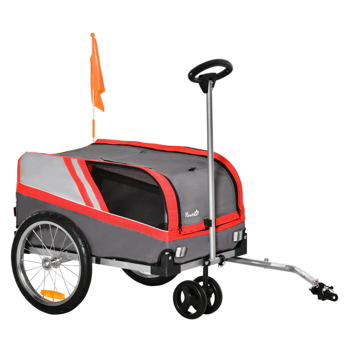 PawHut Dog Bike Trailer Two-In-One Trolley Stroller Cart Bicycle Carrier for Cat Puppy Travel w/ Reflectors Red Flag – Red