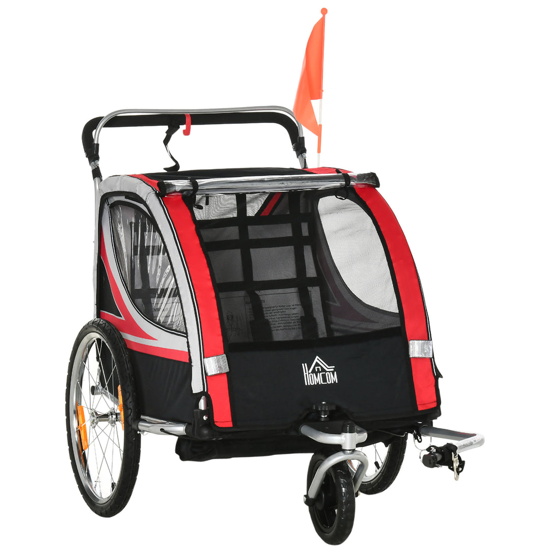 Child Bike Trailer 2 In 1 Baby Stroller 2-Seater Transport Carrier with Brake, 5 Point Harness, Storage Bag, Reflector, Flag, Red