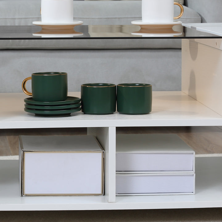 HOMCOM Modern Coffee Table with Tempered Glass Top, Cocktail Table with 3-Tier Storage Shelves for Living Room, White