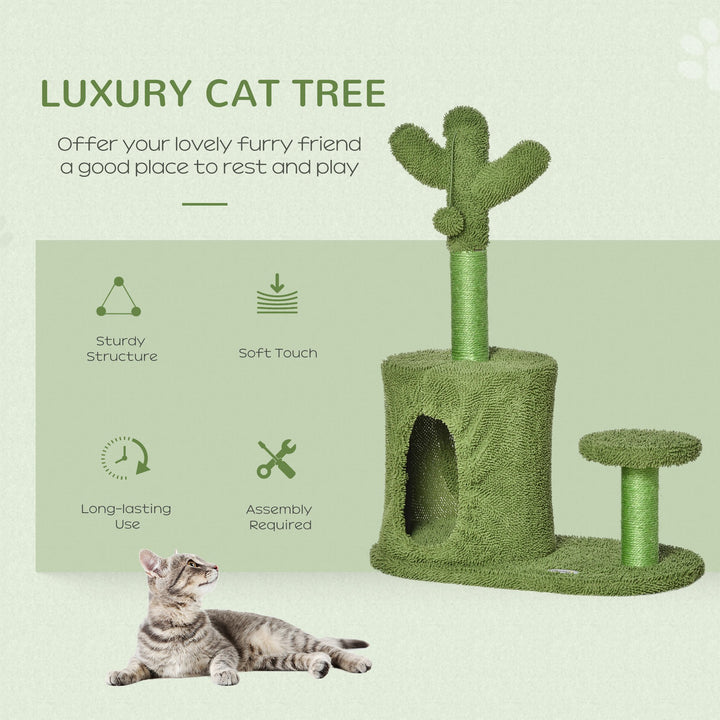 PawHut Cat Tree Tower Cactus Shape with Scratching Post Condo Perch Dangling Ball Kitten Toy Play House Activity Center