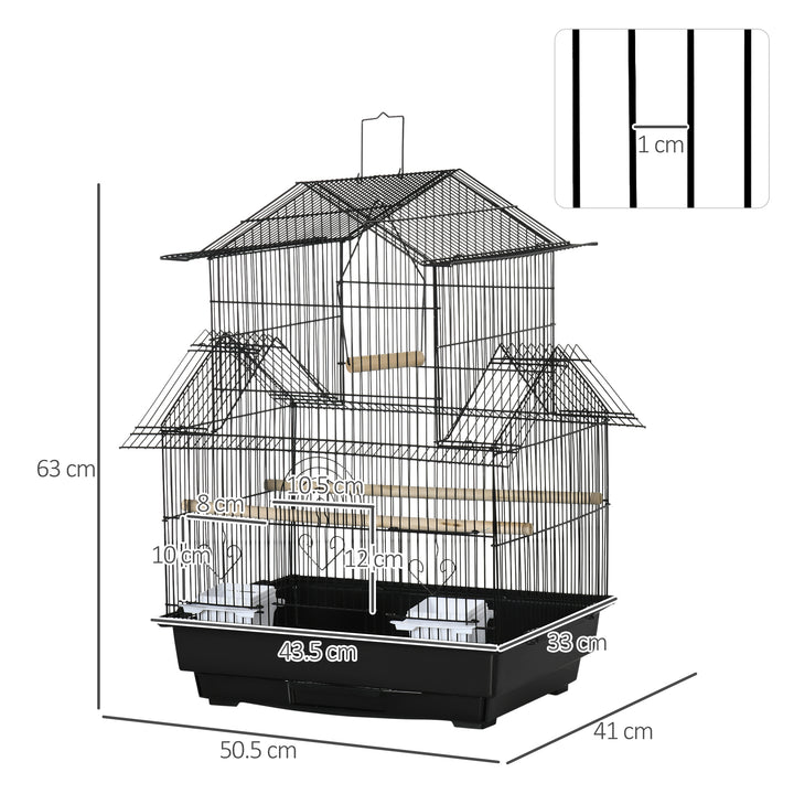 Metal Bird Cage with Plastic Swing Perch Food Container Tray Handle for Finch Canary Budgie 50.5 x 40 x 63cm Black