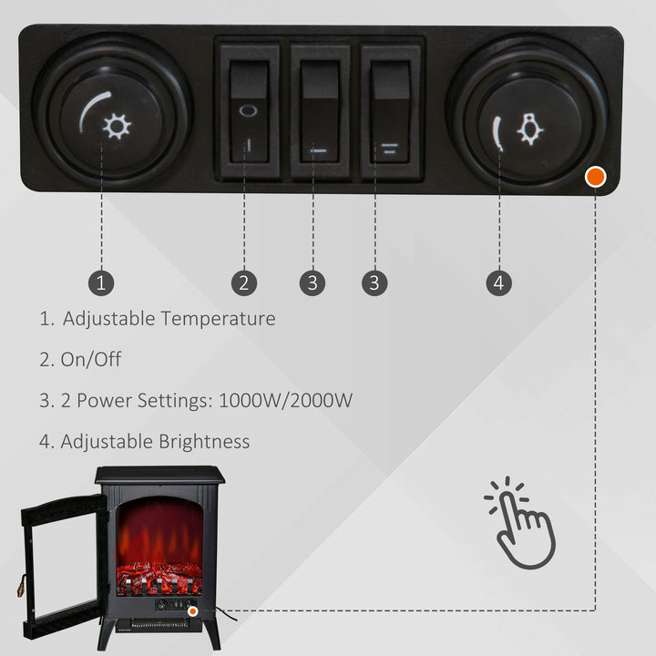 Free standing Electric Fireplace Stove, Fireplace Heater with LED Flame Effect, 3-sided Tempered Glass, Overheat Protection, 1000W/2000W, Black