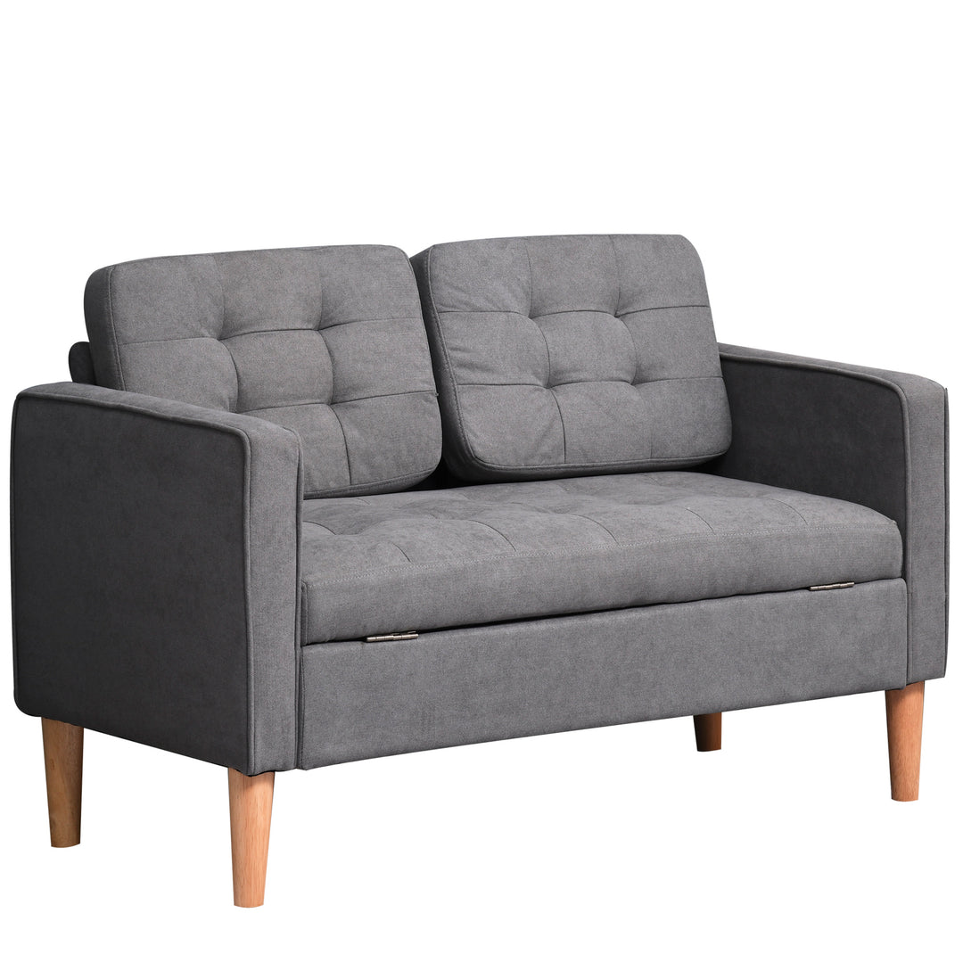2 Seater Storage Sofa Compact Cotton Loveseat w/ Wood Legs Back Buttons Comfortable Padding Home Office Living Couch Furniture Grey
