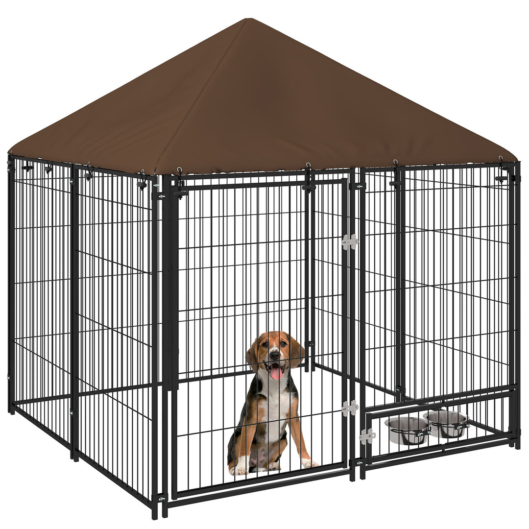 PawHut Outdoor Dog Kennel Puppy Play Pen with Canopy Garden Playpen Fence Crate Enclosure Cage Rotating Bowl 141 x 141 x 151 cm