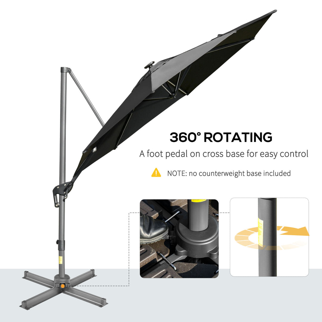 Outsunny 3m Cantilever Roma Parasol Adjustable Garden Sun Umbrella with LED Solar Light, Aluminum Frame, Tilt &amp; Crank, UV50+, Dark Grey