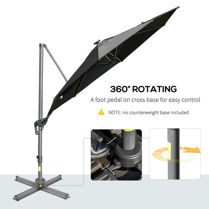 Outsunny 3m Cantilever Roma Parasol Adjustable Garden Sun Umbrella with LED Solar Light, Aluminum Frame, Tilt &amp; Crank, UV50+, Dark Grey