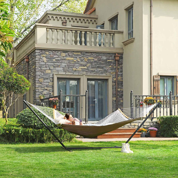 Gray Hammock Bed with Pillow with Spreader Bars