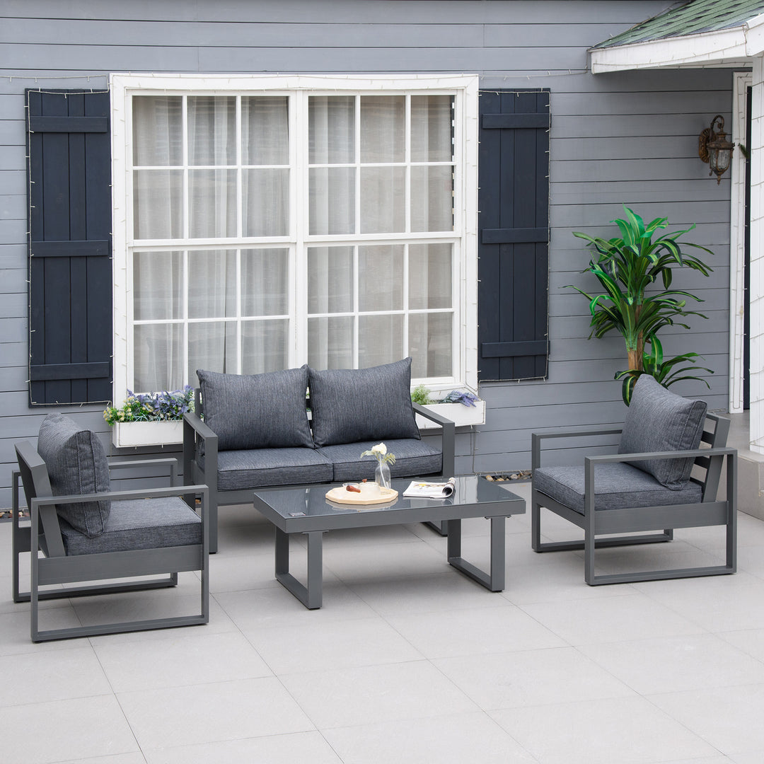 4 Piece Aluminium Garden Sofa Set with Coffee Table, Outdoor Furniture Set with Padded Cushions &amp; Olefin Cover, Dark Grey