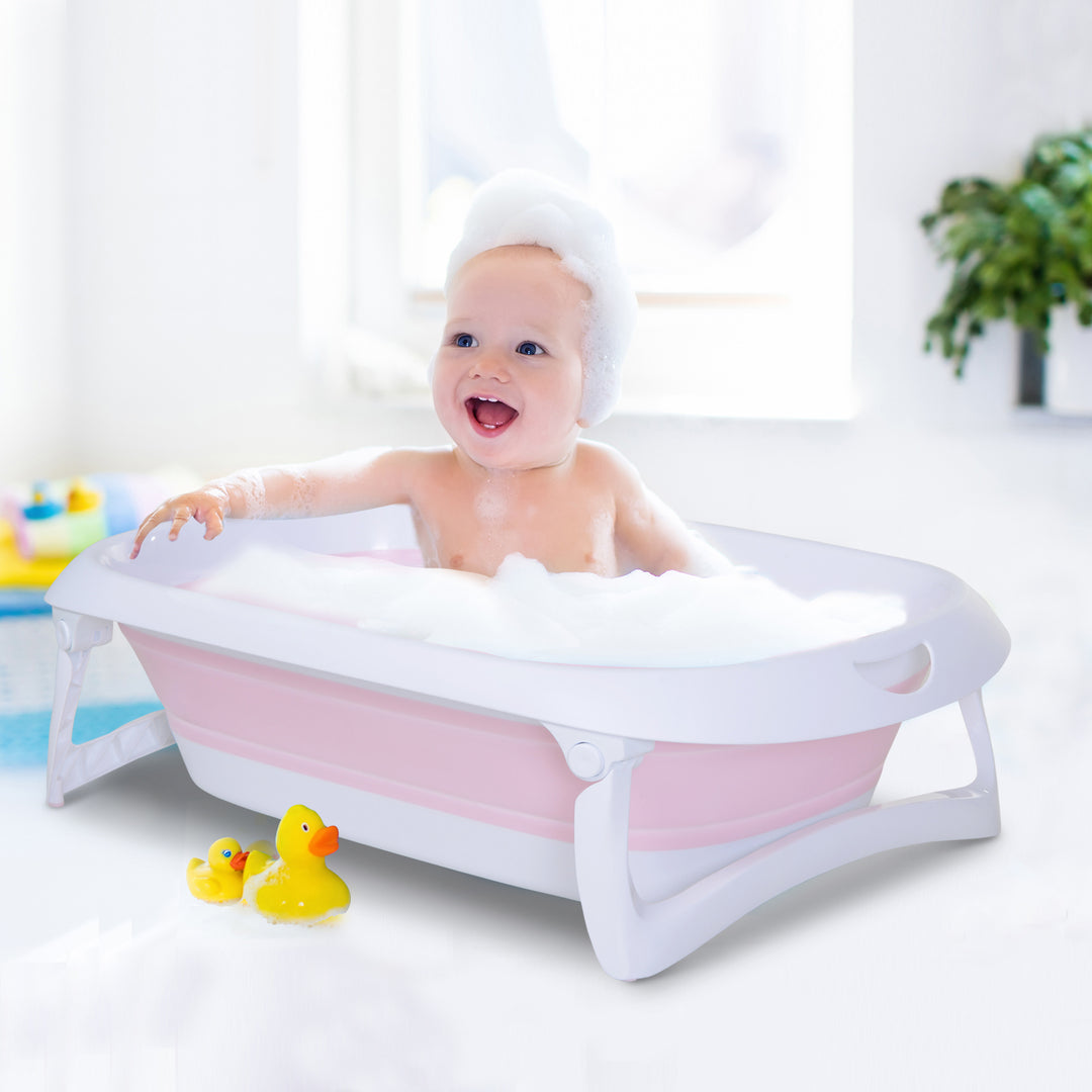 Folding Portable Baby Bathtub Safety Shower w/ Anti-Slip Comfortable Washer Pink