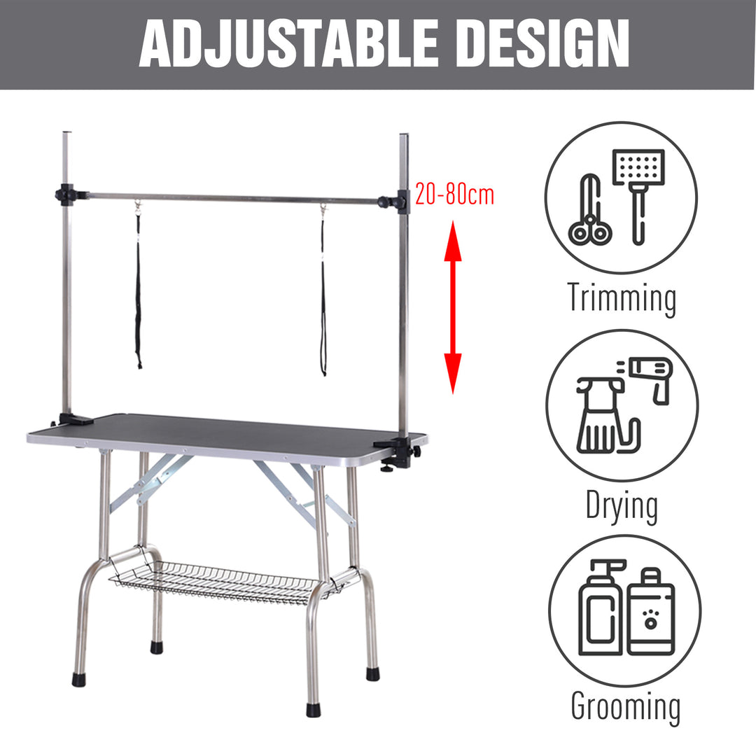 PawHut Adjustable Dog Grooming Table Rubber Top 2 Safety Slings Mesh Storage Basket Heavy Metal Black 107 x 60 x 170cm