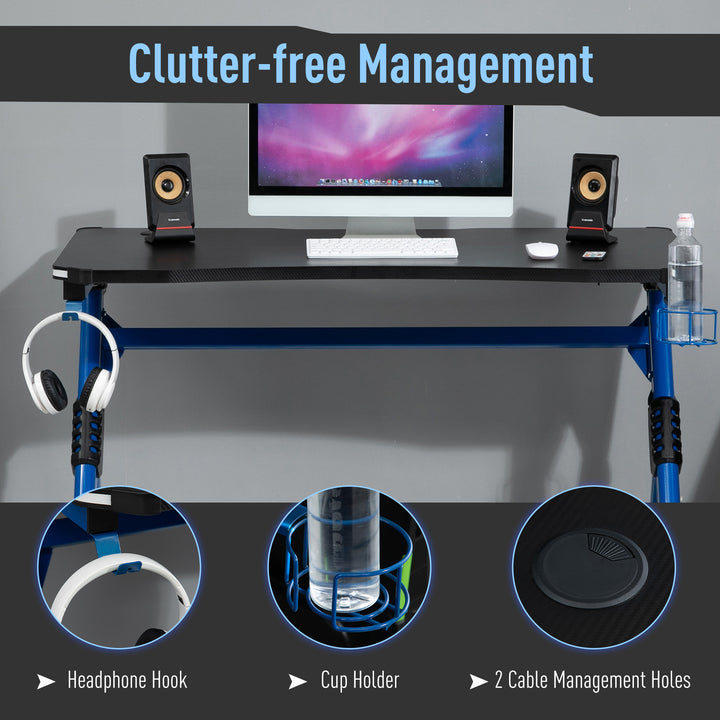 Gaming Desk with RGB LED Lights Racing Style Gaming Table with Cup Holder, Cable Management, Blue