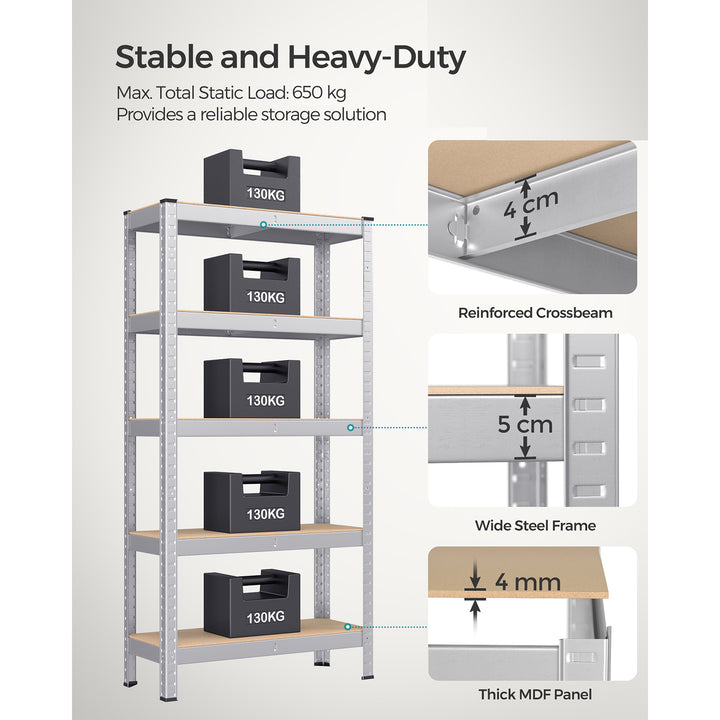 5-Tier Shelving Unit with 650 kg Capacity Silver