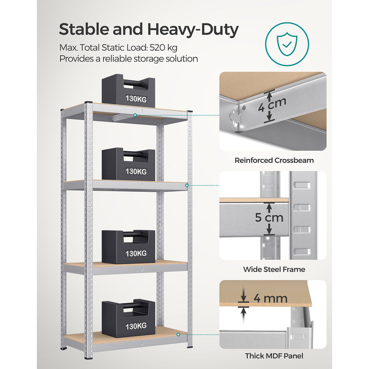 4-Tier Shelving Unit with 520 kg Capacity Silver