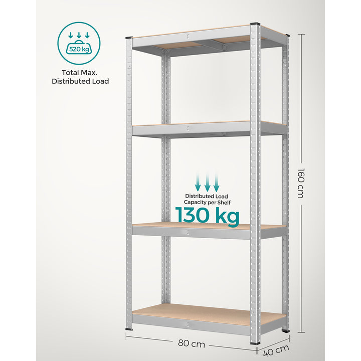 4-Tier Shelving Unit with 520 kg Capacity Silver