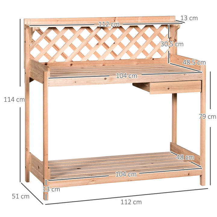 Wooden Garden Potting Table with Drawer Flower Plant Work Bench Workstation Tool Storage Shelves Outdoor Grid