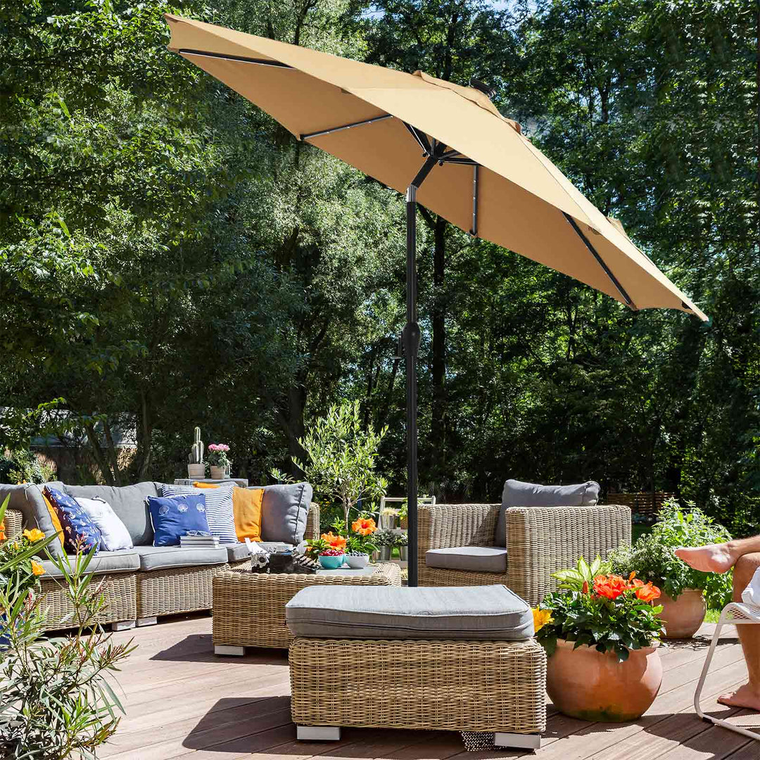 Taupe Sun Umbrella with Solar-Powered Lights