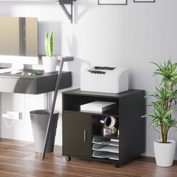 HOMCOM Multi-Storage Printer Stand Unit Office Desk Side Mobile Storage w/ Wheels Modern Style 60L x 50W x 65.5H cm - Black
