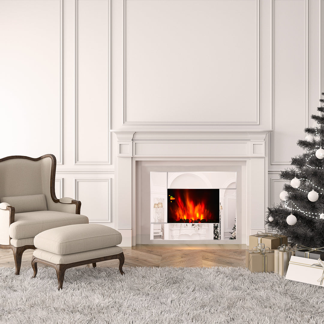 1800W Wall Mounted Electric Fireplace Heater 7 Coloured LED Light Fire Glass Screen with Pebble Effect &amp; Remote Control