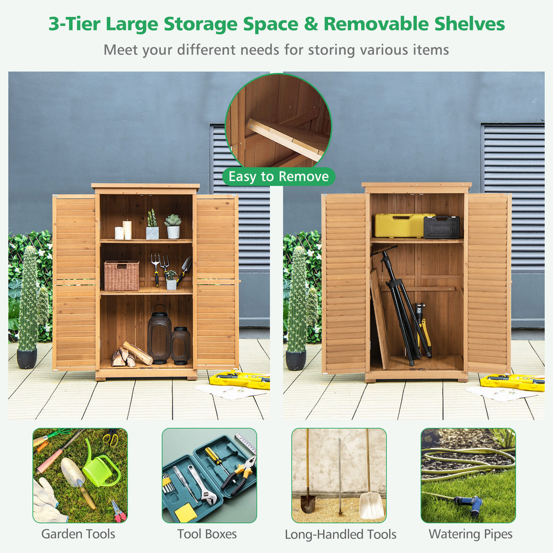 Outdoor Wooden Storage Shed with 3 Removable Shelves for Garden Deck-Natural