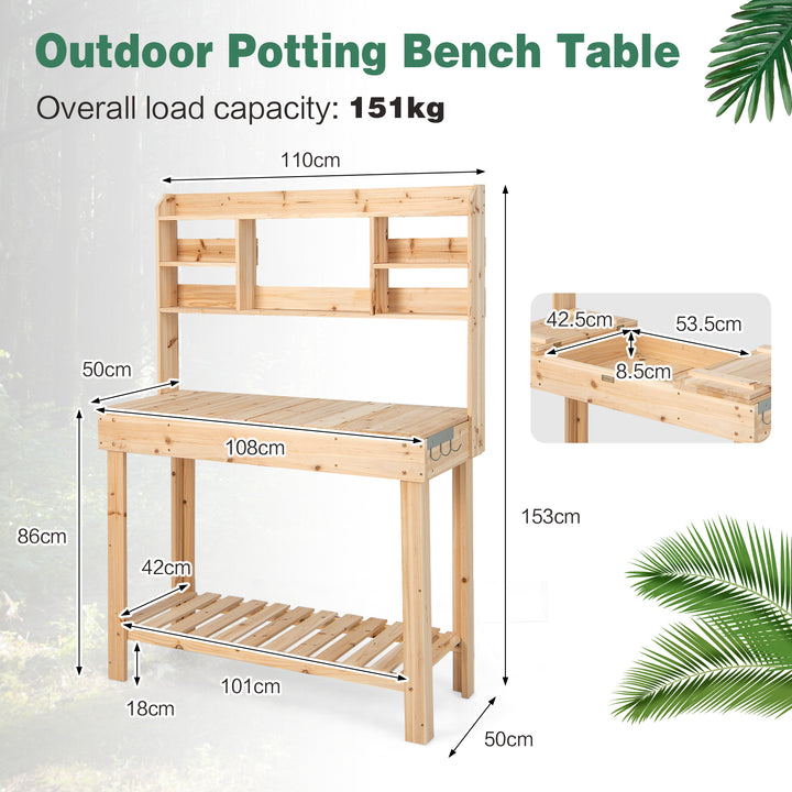 Wooden Potting Bench Table with Openable Tabletop and Hooks-Natural